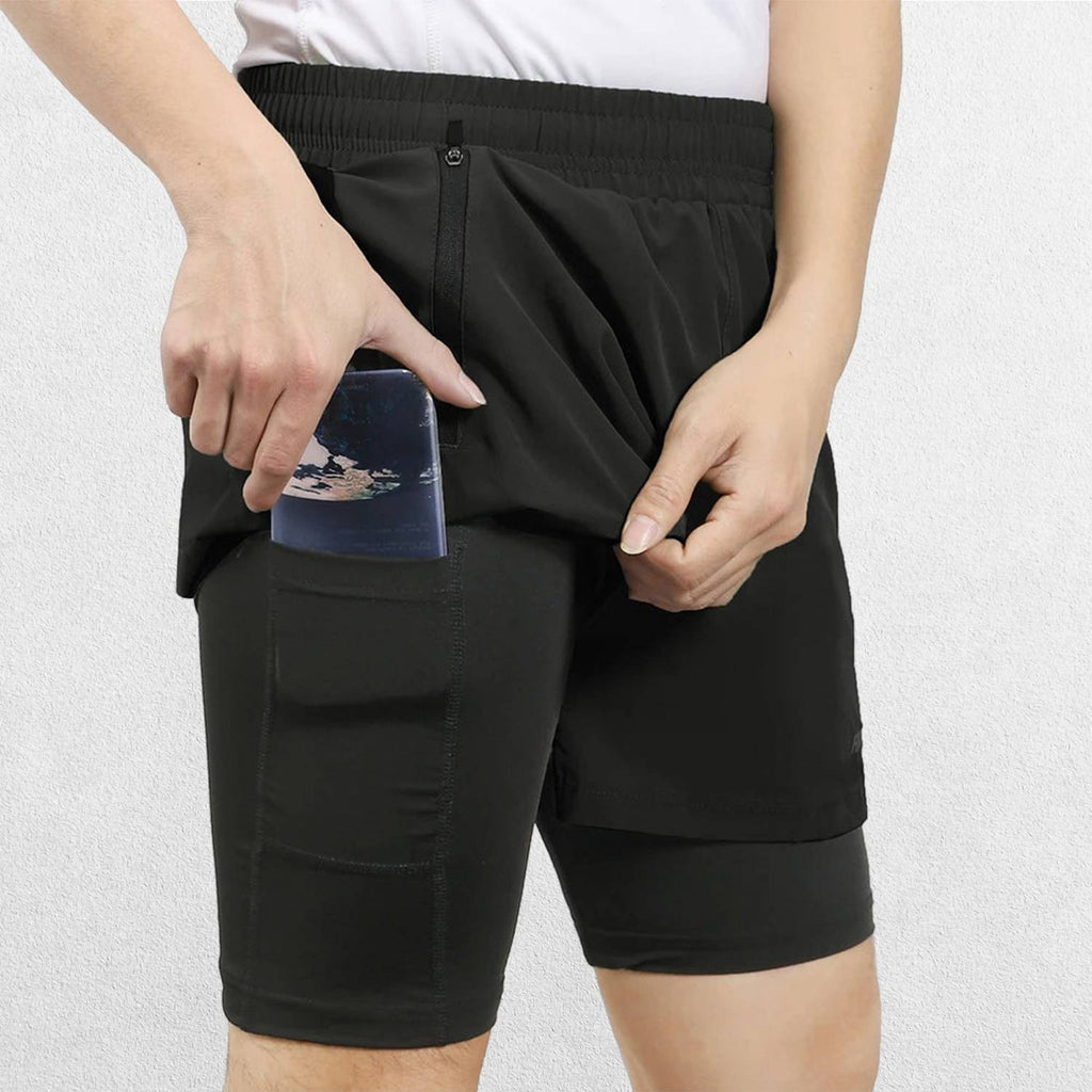 Men’s Breathable 2-in-1 Gym Shorts with Zipper Pockets & Drawstring Fit