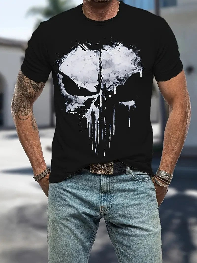 Men's Stylish O-Neck Short Sleeve Gym T-shirt with 3D Punisher Skull Print Design