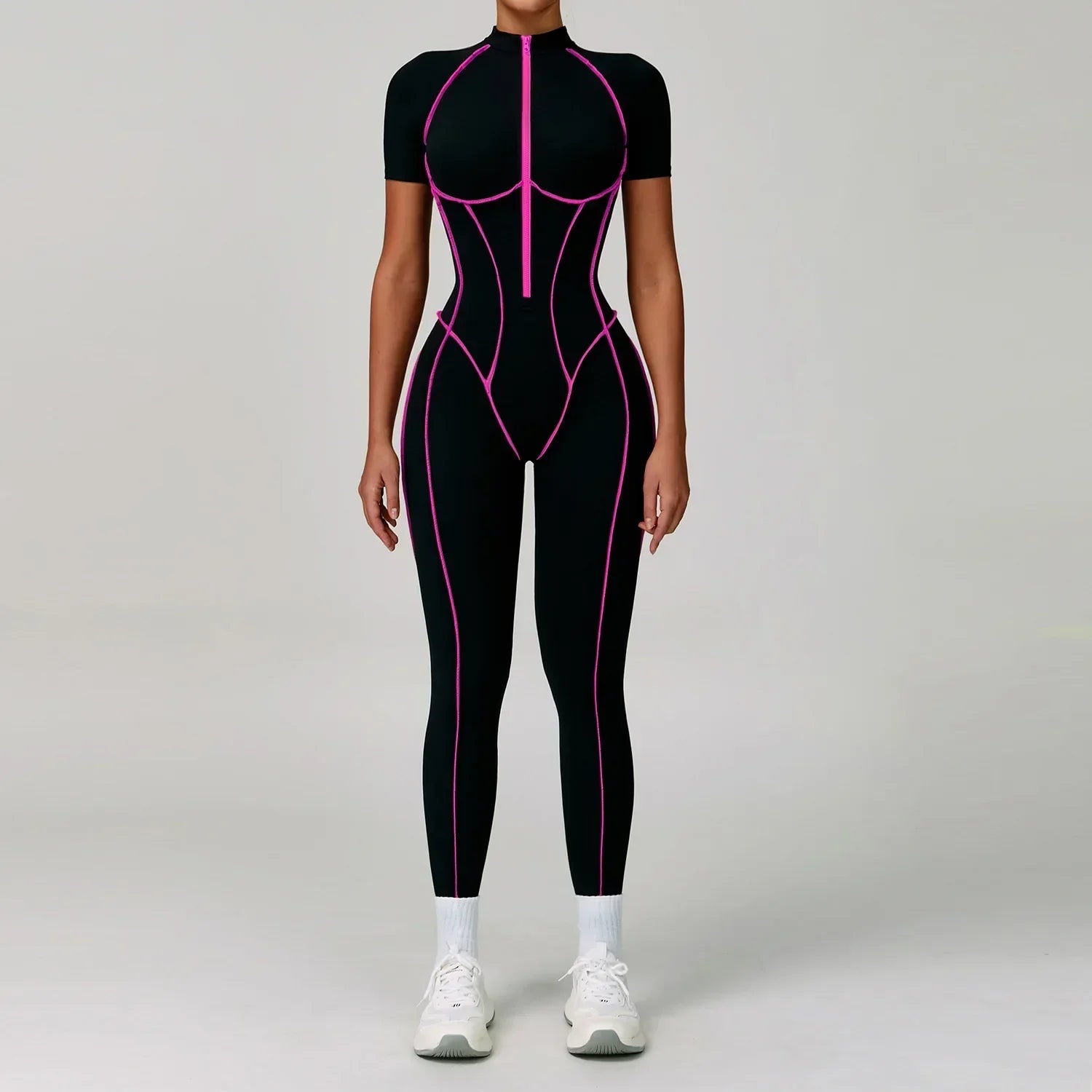 Gym Set Women Training Yoga Suit Sportswear Women Short Sleeves Sports Jumpsuit Fitness Rompers Zipper Push Up Workout Bodysuits