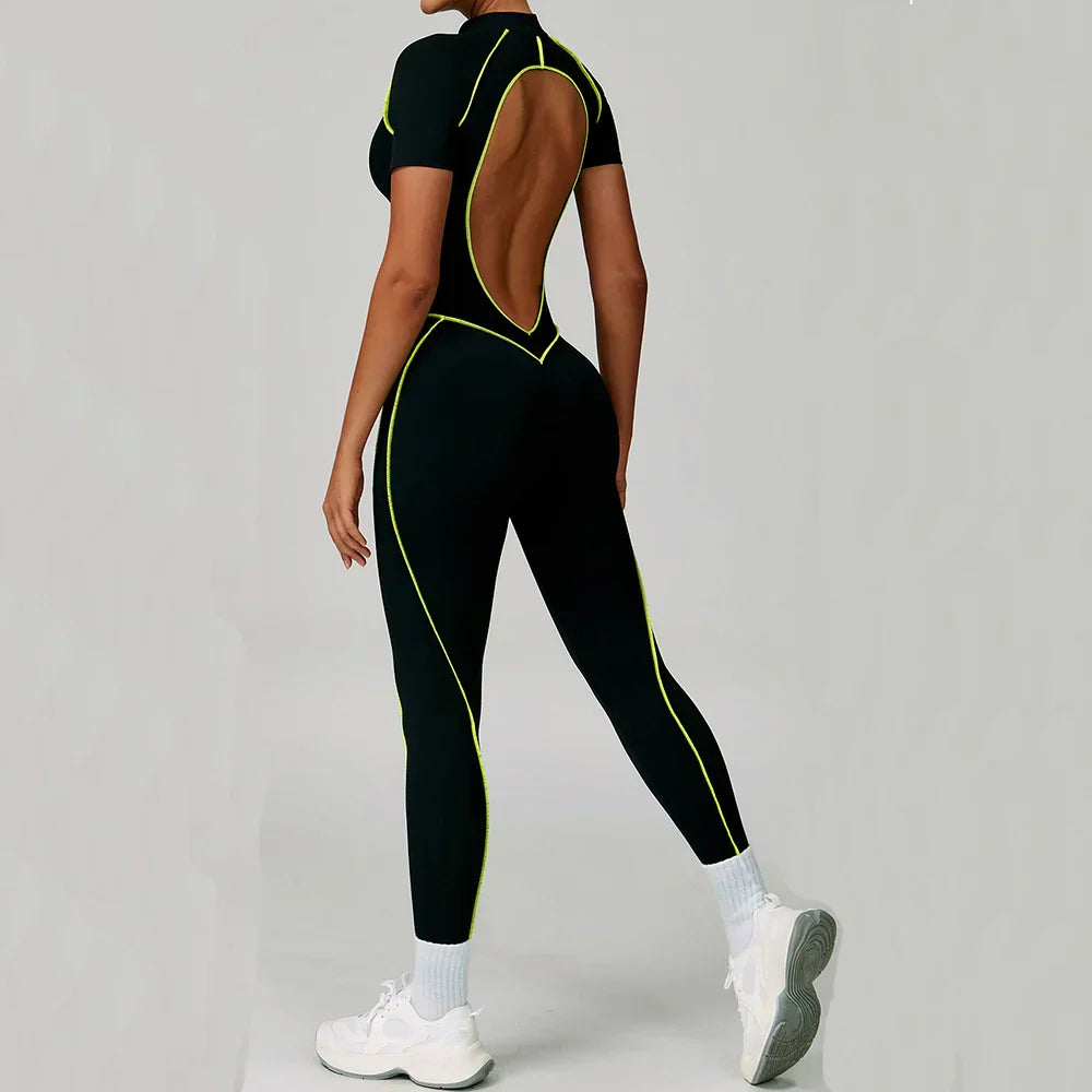Gym Set Women Training Yoga Suit Sportswear Women Short Sleeves Sports Jumpsuit Fitness Rompers Zipper Push Up Workout Bodysuits