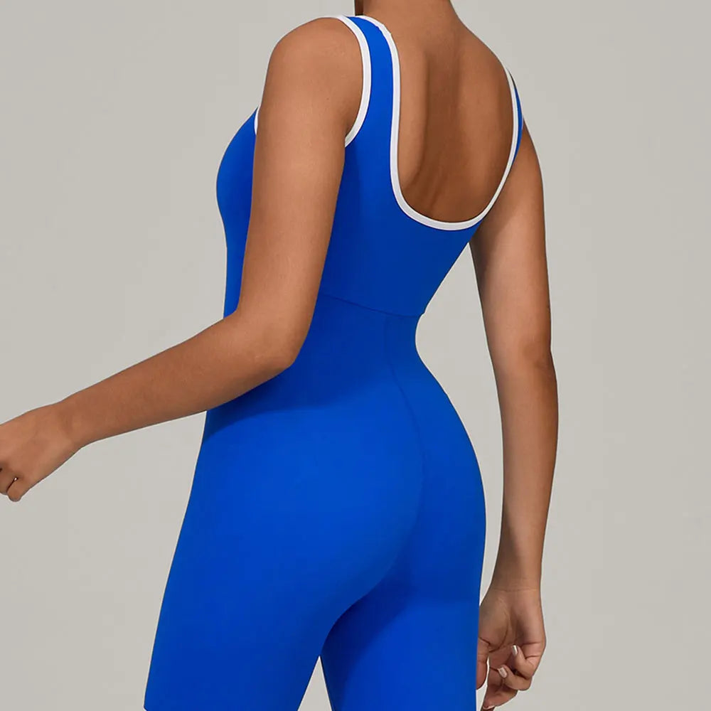 Women Color Blocked Yoga Jumpsuit Sleeveless Romper Elastic Quick Drying Fitness Workout Sportswear One-Piece Short Yoga Clothes