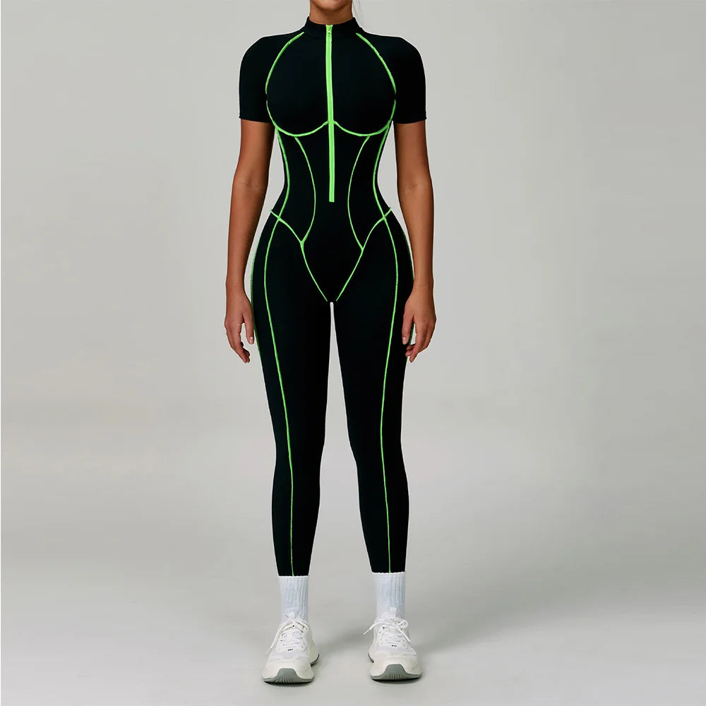 Gym Set Women Training Yoga Suit Sportswear Women Short Sleeves Sports Jumpsuit Fitness Rompers Zipper Push Up Workout Bodysuits