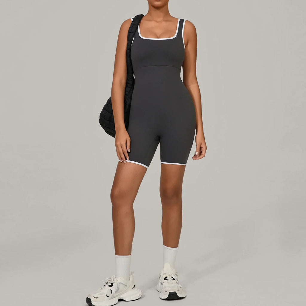 Women Color Blocked Yoga Jumpsuit Sleeveless Romper Elastic Quick Drying Fitness Workout Sportswear One-Piece Short Yoga Clothes