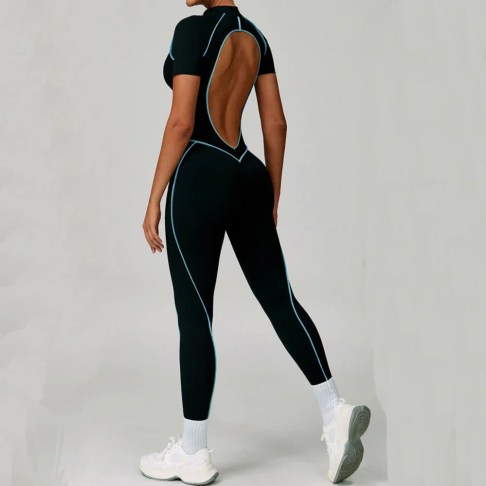 Gym Set Women Training Yoga Suit Sportswear Women Short Sleeves Sports Jumpsuit Fitness Rompers Zipper Push Up Workout Bodysuits