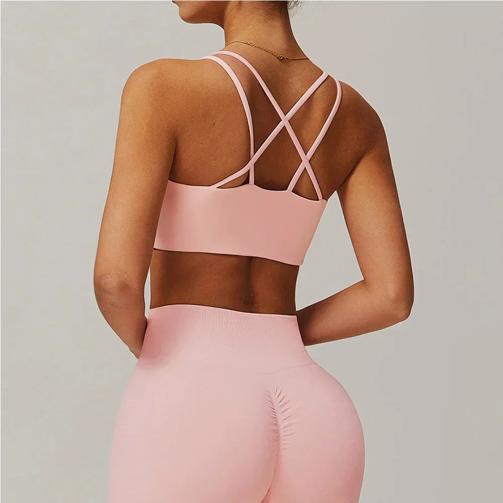 Women's Sports Bra Sexy Criss Cross Straps Back High Support Impact Yoga Underwear Running Fitness Gym Padded Bralette Tops