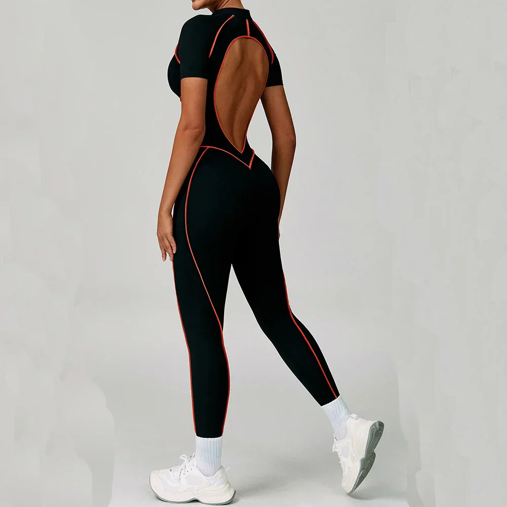 Gym Set Women Training Yoga Suit Sportswear Women Short Sleeves Sports Jumpsuit Fitness Rompers Zipper Push Up Workout Bodysuits