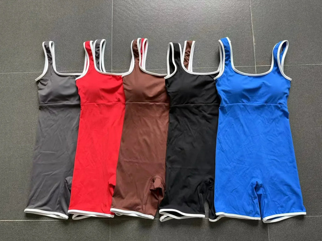 Women Color Blocked Yoga Jumpsuit Sleeveless Romper Elastic Quick Drying Fitness Workout Sportswear One-Piece Short Yoga Clothes